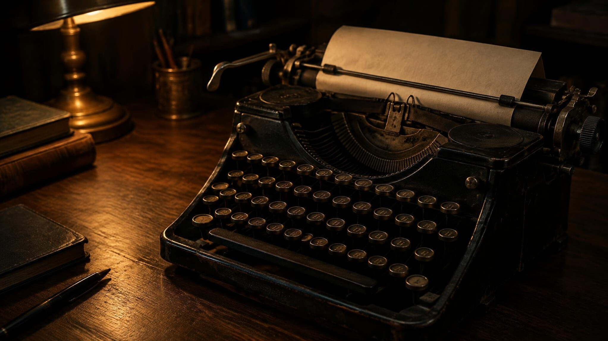 Close-up of an old typewriter on a wooden desk