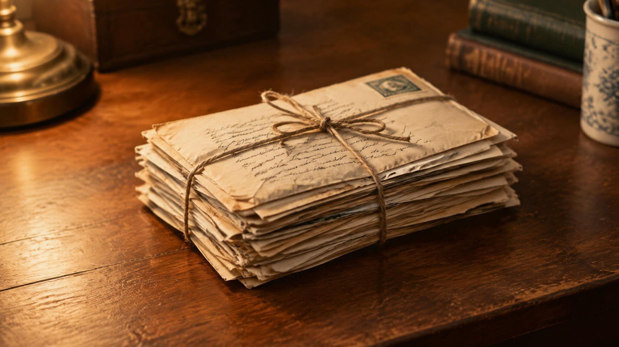 Stack of handwritten letters tied with string