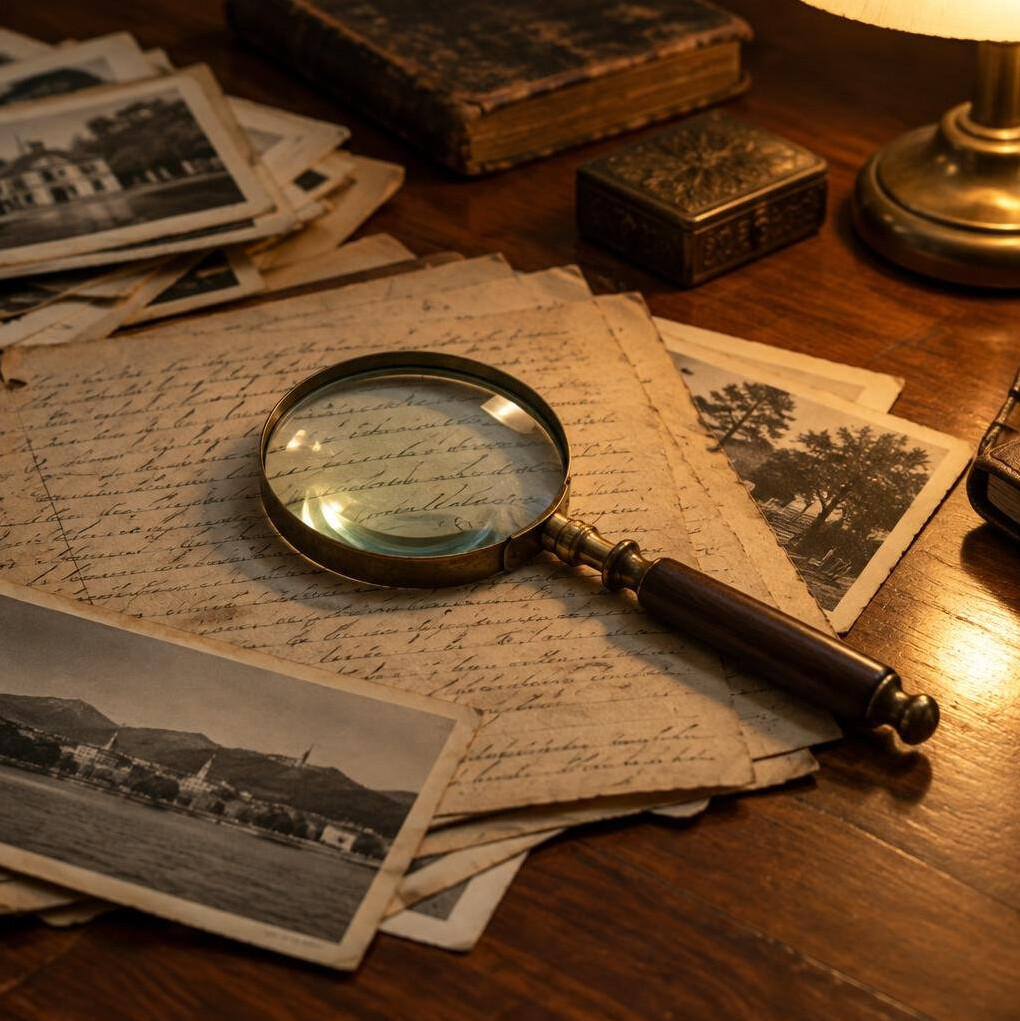 Magnifying glass over old handwritten documents