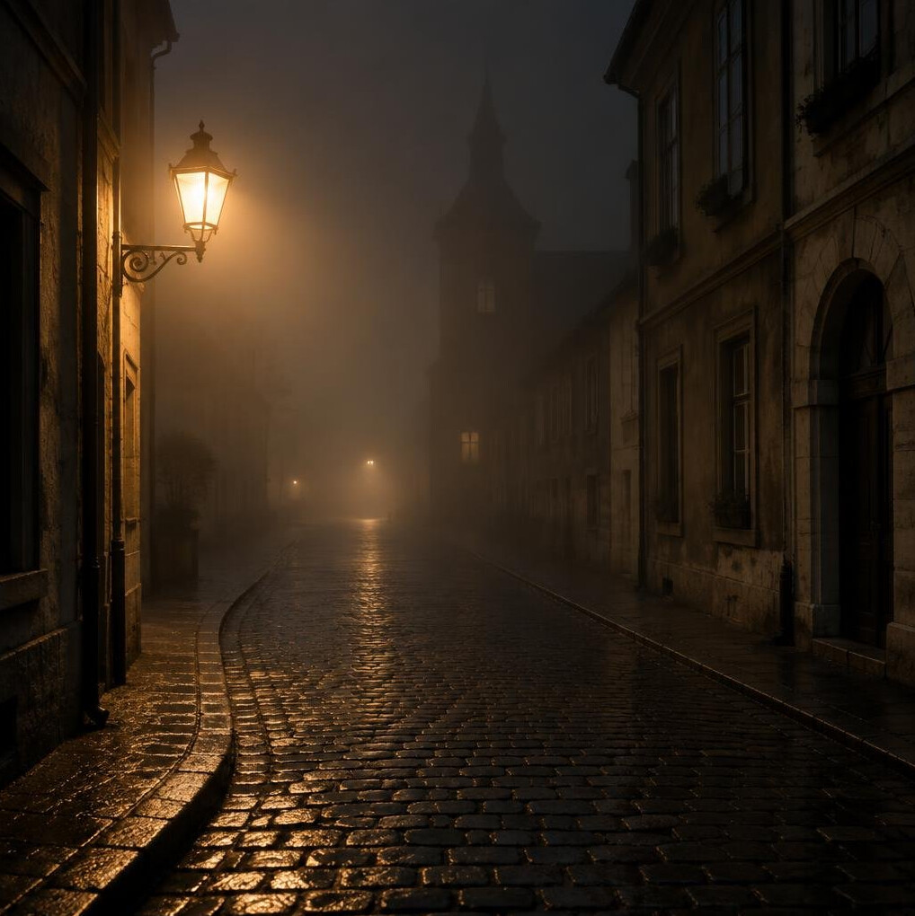 Foggy cobblestone street at night with a single lamp