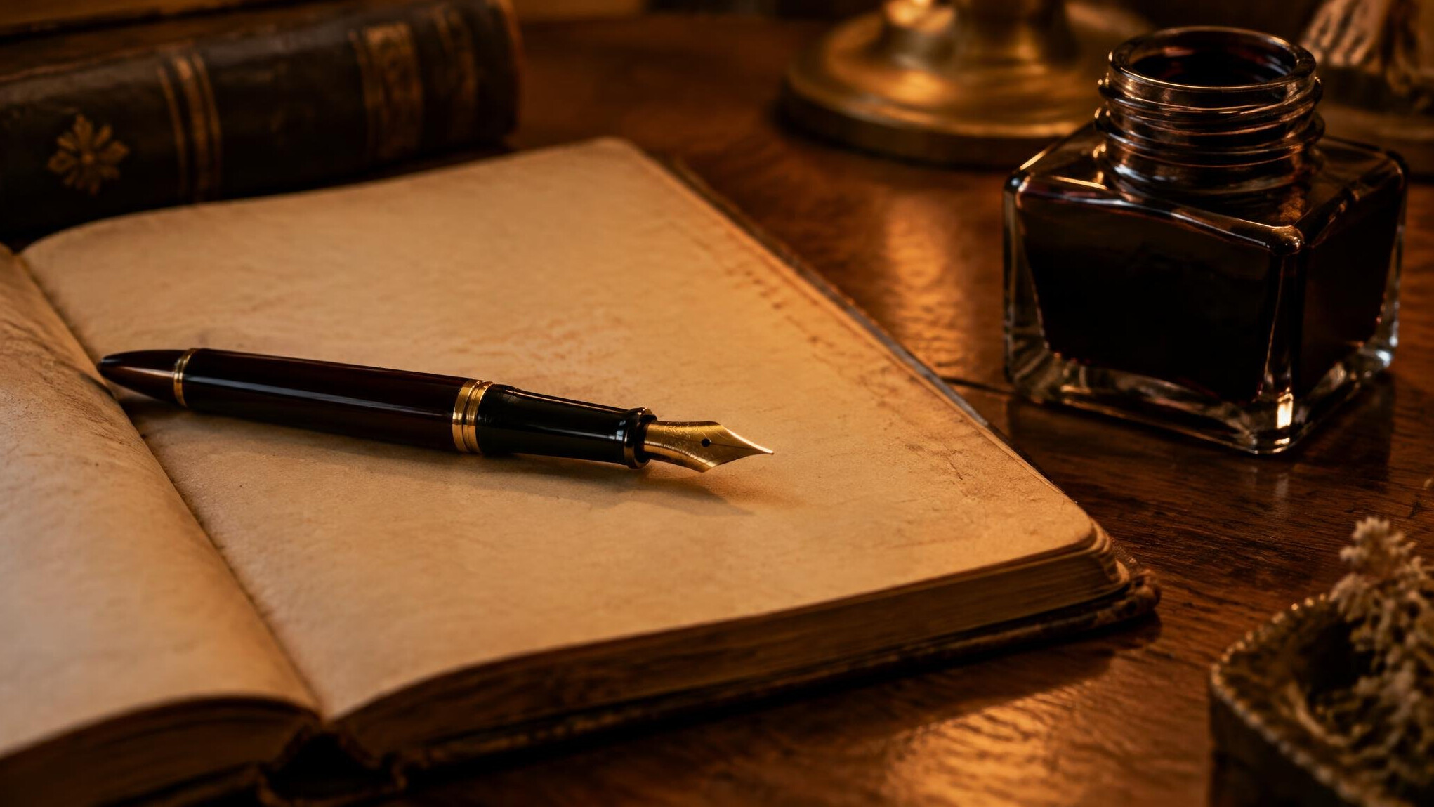 Fountain pen and ink bottle on an old notebook