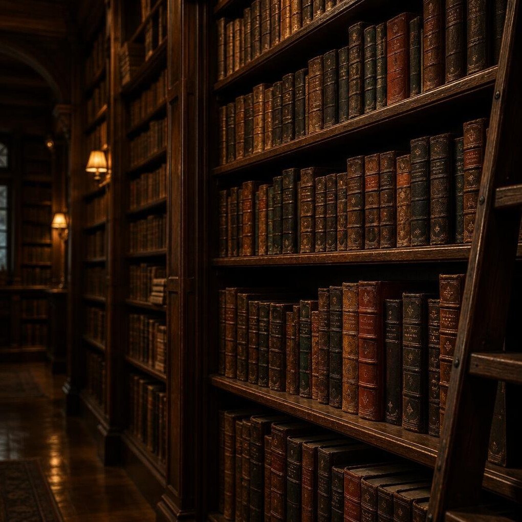 Rows of old books on tall library shelves
